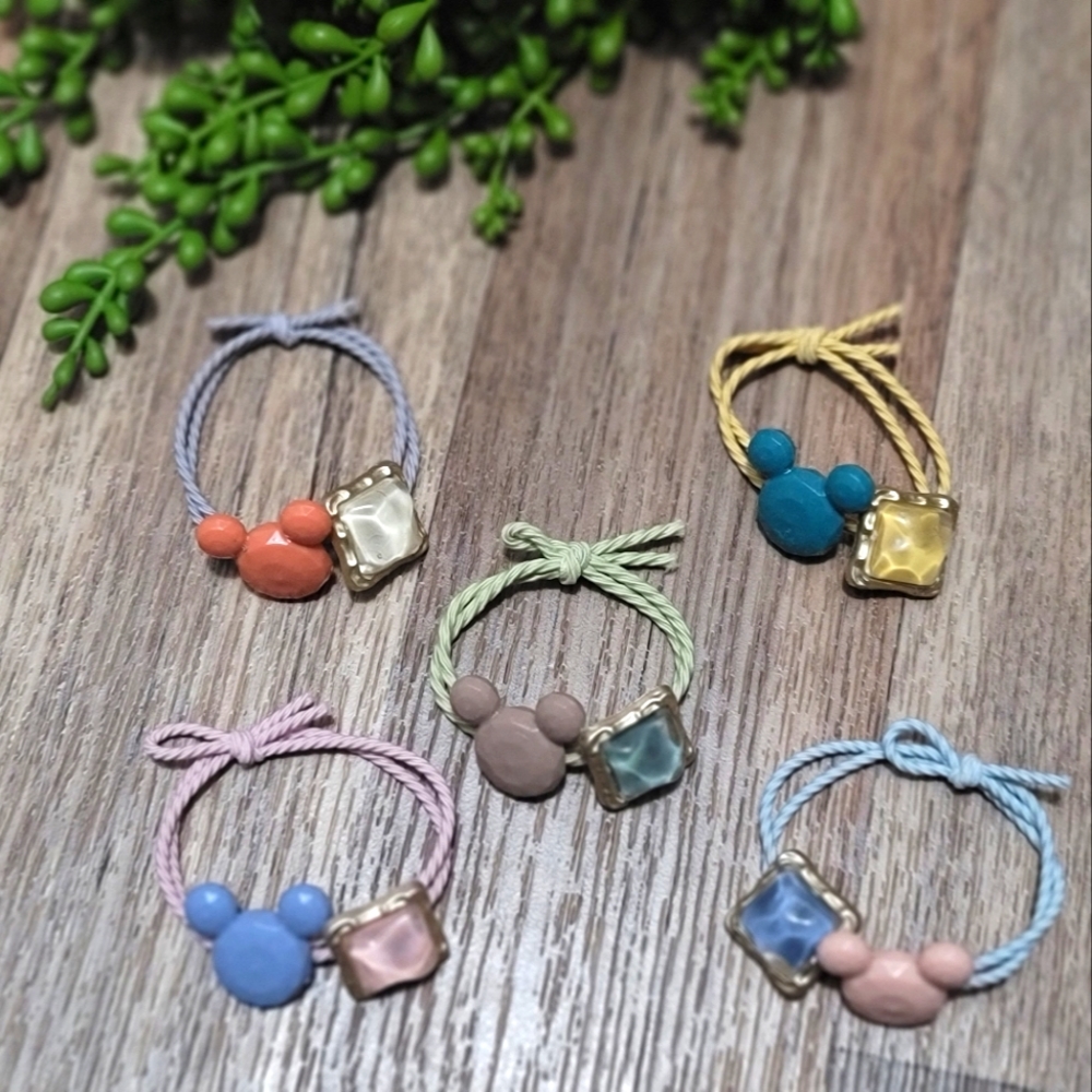 5 pcs Hair ties with mouse shaped charm and jewel